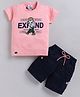 URBAN KOOL Lycra Knit Half Sleeves Boy & Expand Text Printed Tee & Shorts Set - Peach