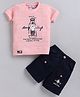 URBAN KOOL Lycra Knit Half Sleeves Boy & Typography  Printed Textured Tee & Shorts Set - Peach
