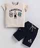 URBAN KOOL Lycra Knit Half Sleeves Boy Patch Applique Detailed Tee & Shorts Set - Fawn