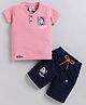 URBAN KOOL Lycra Knit Half Sleeves Abstract Patch Applique Detailed Textured Tee & Shorts Set - Pink