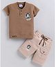 URBAN KOOL Lycra Knit Half Sleeves Abstract Patch Applique Detailed Textured Tee & Shorts Set - Chocolate