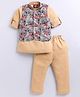 URBAN KOOL Cotton Linen Knit Full Sleeves Solid Kurta & Pajama Set With Tropical Theme Printed Jacket - Beige