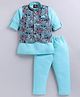 URBAN KOOL Cotton Linen Knit Full Sleeves Solid Kurta & Pajama Set With Tropical Theme Printed Jacket - Aqua