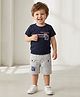 URBAN KOOL Lycra Knit Half Sleeves Abstract Patch Applique Detailed Textured Tee & Shorts Set - Navy