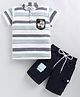 URBAN KOOL Lycra Knit Half Sleeves Abstract Patch Applique Detailed Striped Tee & Shorts Set - Green
