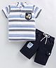 URBAN KOOL Lycra Knit Half Sleeves Abstract Patch Applique Detailed Striped Tee & Shorts Set - Blue