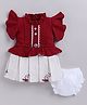 LITTLE 4EVER Textile Knit Half Flutter Sleeves Lace Embellished & Floral Embroidered Box Pleated Dress With Bloomer - Maroon