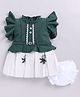 LITTLE 4EVER Textile Knit Half Flutter Sleeves Lace Embellished & Floral Embroidered Box Pleated Dress With Bloomer - Green
