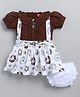 LITTLE 4EVER Textile Knit Half Puffed Sleeves Floral Printed Metal Applique & Frill Detailed Pinafore Style Dress With Bloomer - Brown
