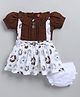 LITTLE 4EVER Textile Knit Half Puffed Sleeves Floral Printed Metal Applique & Frill Detailed Pinafore Style Dress With Bloomer - Maroon