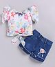 LITTLE 4EVER Knitted Knit Half Flutter Sleeves Floral Printed Top & Shorts Set - Rani