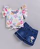 LITTLE 4EVER Knitted Knit Half Flutter Sleeves Floral Printed Top & Shorts Set - Mustard