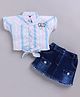 LITTLE 4EVER Knitted Knit Half Sleeves Striped & Floral Printed Tie Up Detailed Top & Shorts Set - Pink