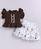 LITTLE 4EVER Textile Knit Half Flutter Sleeves Lace Embellished & Geometric Embroidered Top & Skirt Set - Coffee