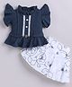LITTLE 4EVER Textile Knit Half Flutter Sleeves Lace Embellished & Geometric Embroidered Top & Skirt Set - Blue