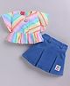 LITTLE 4EVER Textile Knit Half Sleeves Abstract Printed Top & Box Pleated Skirt - Peach