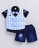 MUSHROO Textile Knit Half Sleeves Typography Printed Shirt & Shorts Set With  Checked Jacket & Attached Bow - Sky Blue