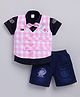 MUSHROO Textile Knit Half Sleeves Typography Printed Shirt & Shorts Set With  Checked Jacket & Attached Bow - Pink