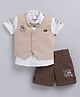 MUSHROO Textile Knit Half Sleeves Typography Printed Shirt & Shorts Set With Bear Embroidered Jacket & Attached Bow - Beige