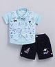 MUSHROO Textile Knit Half Sleeves Solid Shirt & Shorts Set With Space Theme Printed Striped Jacket & Attached Bow - Skyblue