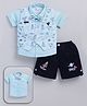 MUSHROO Textile Knit Half Sleeves Solid Shirt & Shorts Set With Space Theme Printed Striped Jacket & Attached Bow - Skyblue