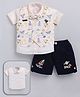 MUSHROO Textile Knit Half Sleeves Solid Shirt & Shorts Set With Space Theme Printed Striped Jacket & Attached Bow  - Yellow