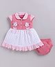 LITTLE 4EVER Cotton Knit Cap Sleeves Abstract Printed Bunny & Bow Applique Detailed Dress With Bloomer - Peach