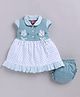 LITTLE 4EVER Cotton Knit Cap Sleeves Abstract Printed Bunny & Bow Applique Detailed Dress With Bloomer - Green