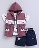 MUSHROO Cotton Looper Knit Half Sleeves Create Text Printed Tee & Shorts Set With Animal Designed Ears Applique Detailed Jacket - Wine