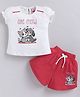 NEON Knitted Knit Half Sleeves Puppy & Cat Printed Top & Shorts Set - Cherry
