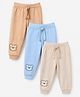Babyhug Cotton Knit Full Length Joggers with Bear Applique Pack of 3 - Blue Beige Grey
