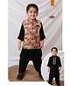 Little Collars Woven Full Sleeves Folk Embellished Ethnic Kurta With Lace Detailing & Floral Printed Jacket Set - Black