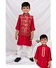 Little Collars Woven Full Sleeves Zari Bandhani Ethnic Kurta Pyjama Set With Floral Printed Nehru Jacket Set - Red