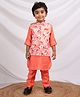 Little Collars Woven Full Sleeves Ethnic Kurta Pajama With Floral Printed Jacket Set - Peach