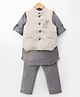 Little Collars Woven Full Sleeves Sequin Reindeer Ethnic Jacket & Kurta Pajama Set- Grey