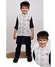 Little Collars Woven Full Sleeves Charming Ethnic Kurta Jacket Set With Insect Embroidery - Navy Blue