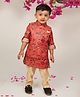 Little Collars Silk Blend Woven Full Sleeves Floral Ethnic Nehru Jacket Kurta And Pajama Set With Brooch - Rust Orange