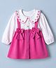 Babyhug Single Jersey Knit Frock with Full Sleeves and Polka Dots Print & Floral Embroidered & Bow Applique in Pink