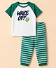 Honeyhap Premium 100% Cotton Knit Single Pajama & T-Shirt Night Suit with Half Raglan Sleeves with Bio Finish & Wake Up Print with Stripes - Bright White, Basil