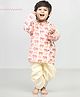 Polka Tots Cotton Woven Full Sleeve Elephant Print Angarakha Kurta With Dhoti - Pink