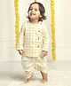 Polka Tots Cotton Woven Full Sleeves Elephant Print Angarakha Kurta with Dhoti - Off White