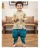 Polka Tots Cotton Woven Full Sleeve Floral Printed Angarakha Kurta With Dhoti - Teal Blue