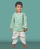 Polka Tots Cotton Woven Full Sleeve Geometric & Tropical Print Angarakha Kurta With Dhoti - Light Green
