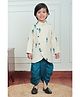 Polka Tots Cotton Woven Full Sleeve Feather Print Angarakha Kurta With Dhoti - Cream