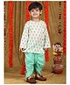 Polka Tots Cotton Woven Full Sleeve Floral Printed Angarakha Kurta With Dhoti - Cream & Aqua Blue