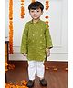 Polka Tots Cotton Woven Full Sleeve Leaf Embroidery Ethnic Kurta With Payjama Set - Green & Whit