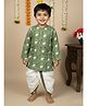 Polka Tots Cotton Woven Full Sleeves Tribal Print Kurta with Dhoti - Green & White