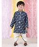 Polka Tots Cotton Woven Full Sleeves Elephant Print Kurta with Dhoti - Navy Blue & White