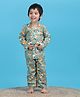 Polka Tots Cotton Woven Full Sleeves Co-Ords Shirt & Pyjama Night Suit with Wolf Print - Green