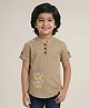 Polka Tots Cotton Woven Half Sleeves Typography Embroidered & Striped Kurta - Brown
